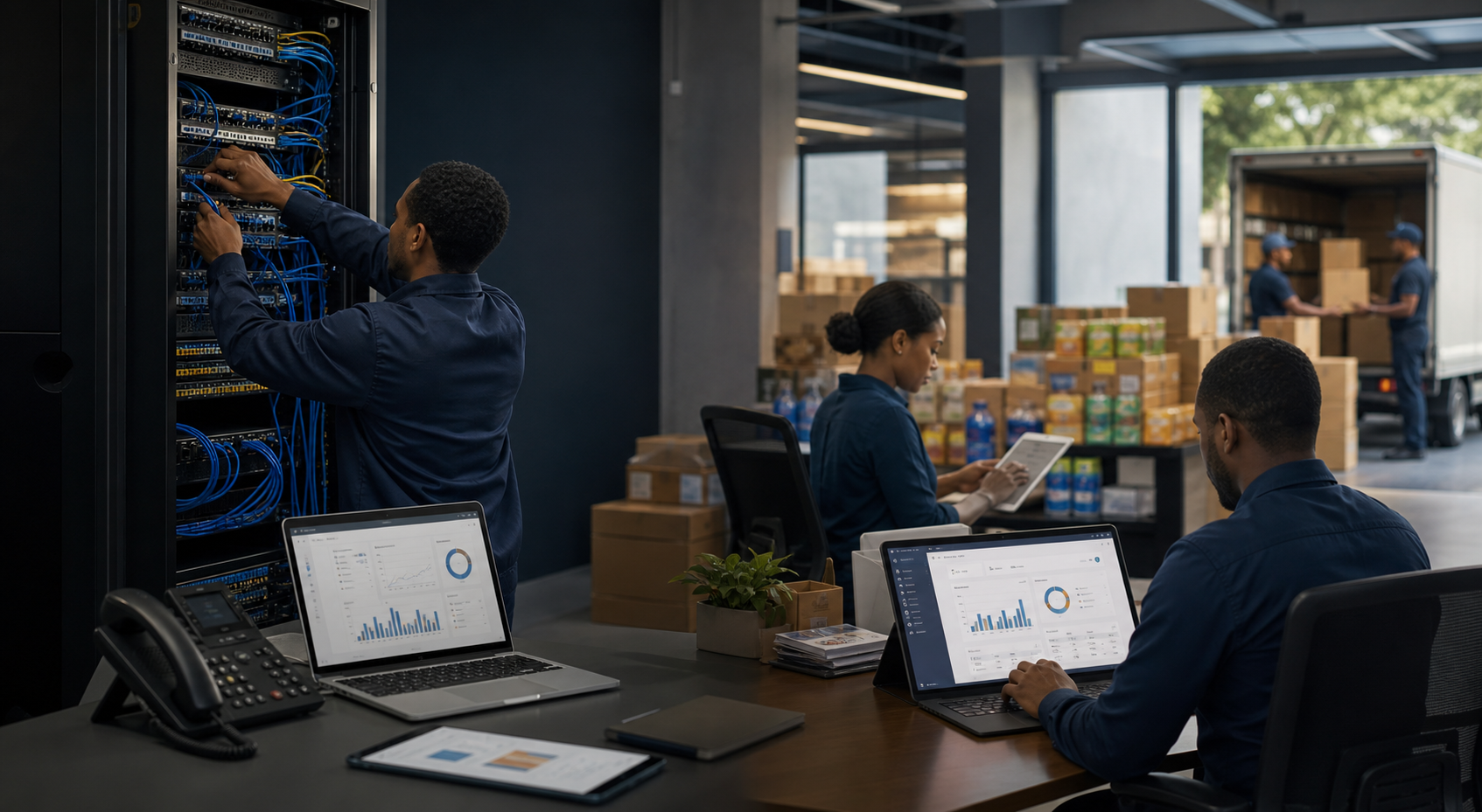 Technician installs network hardware while sales staff use dashboard software in a distribution office